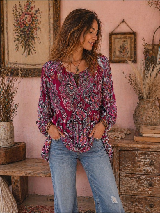 Spense Tops - Boho Chic Pink and Red Paisley Peasant Blouse